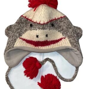 DELUX Gray monkey Face WOOL BLEND Knit Hat RED Pom On Top, Hanging Ties W/ Poms